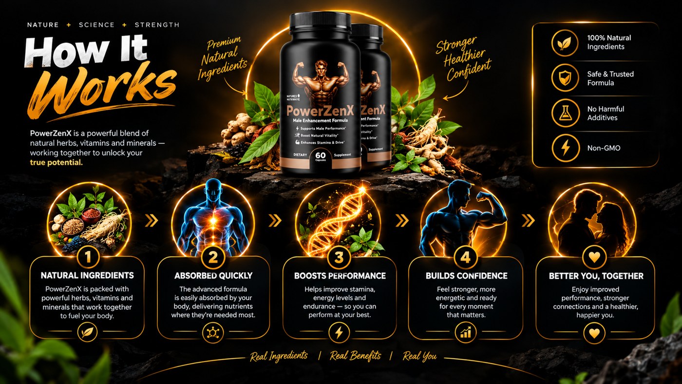 PowerZenX four-step how it works: natural ingredients, absorbed quickly, boosts performance, builds confidence